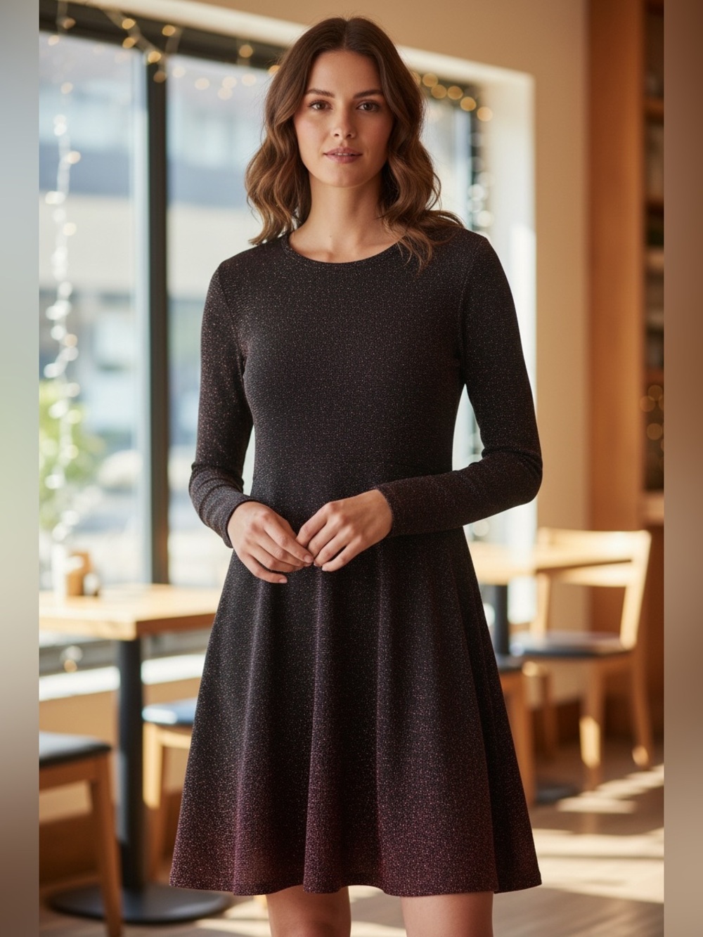 Laura Ashley Black Burgundy Metallic Shimmer A Line Dress Size L